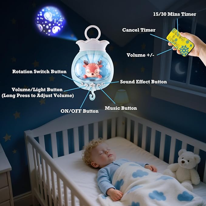 Crib Mobiles for Babies with Music, Rotatable Baby Mobile for Crib with Projection, Timing Function and Baby Rattles Toy, Baby Crib Toys Hanging for Boys Girls 3-12 Months (Blue)