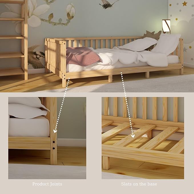 Montessori Floor Bed Designed with Open Front and Footed Model for Girls and Boys | Pine Wood Natural Solid Frame Beds with Slats | Sturdy Designed Floor Bed Frame for Kids (Crib, Height : 23 Inches)