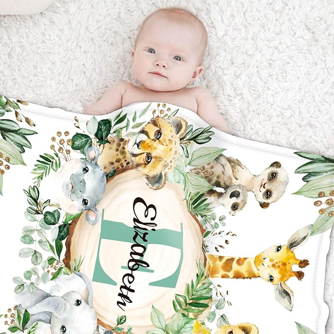 Custom Safari Animals Blanket Gift, Personalized Baby Blanket with Name, Soft Plush Flannel/Sherpa Fleece Throw Blankets for Toddler Kid Teen Boys Girls Color13