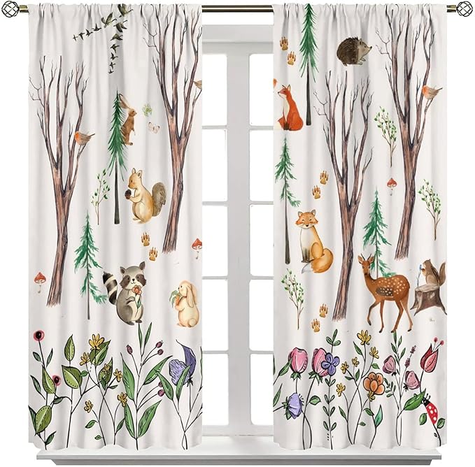 Forest Animal Kids Curtains, Watercolor Cartoon Window Treatments, Cute Animal Floral Girl Toddler Home Bedroom Living Room Drapes 55x63in