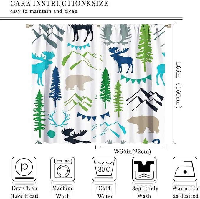 Forest Woodland Curtains, Wild Nature Bear Moose Deer Pine Trees Mountain Cabin Lodge Blackout Rod Pocket Windows Door Curtain for Bedroom Living Room Home Decor 72x63in