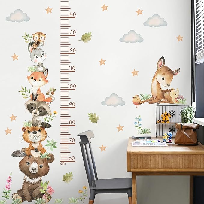 Cartoon Animal Height Growth Chart Wall Sticker for Kids Room Jungle Wild Animals Height Chart Measurement Wall Decals Removable White Clouds Star Garden Plants Grass Wall Murals for Kids Nursey Decor