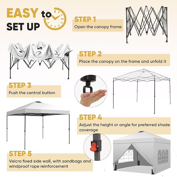 GDY 10x10 Pop Up Canopy Tent with 4 Sidewalls, Easy Set up with One Push Lift Outdoor Silver Coated Beach Gazebos, Carpas with 4 Sandbags, for Pool, Events, Parties, and Camping, White.