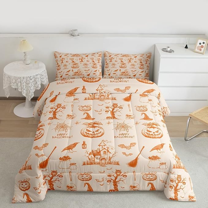 Erosebridal Halloween Bedding Set Orange Pumpkin Bat Comforter Set King Size,Vintage Halloween Decor Quilt for Kids Boys Girls Adults Happy Festival Themed Duvet Insert