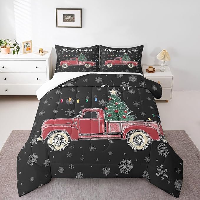 Castle Fairy Merry Christmas Theme Kids Comforter Set King,Xmas Tree Red Truck Snowflake Watercolor Graffiti Print Bedding Set for Teenager Bedrrom Decor,Farmhouse Vintage Rustic Quilt 3 Pcs