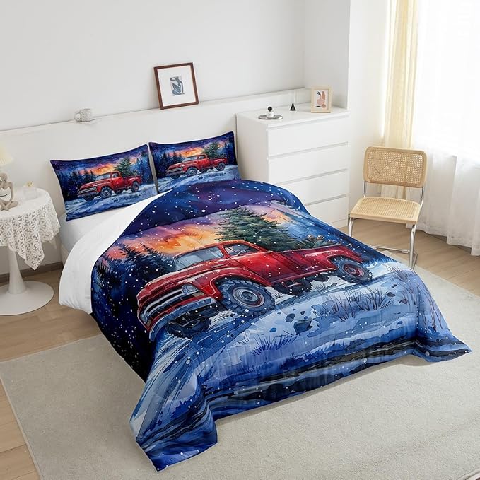 Red Truck Kids Comforter Set Twin Size,Christmas Tree Snowflake Bedding Set for Teens Boys Girls Room Decor,Woodland Nature Scenery Quilt Set 2Pcs,Merry Christmas Theme Duvet Insert,1 Pillowcase