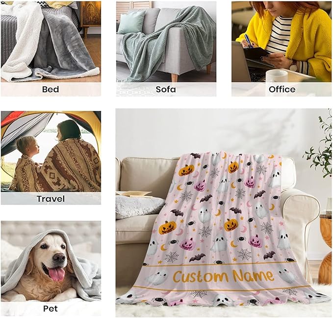 Custom Halloween Ghost Blanket | Personalized for Boys Girls | Plush Cozy Name Blanket | Halloween Decor Gifts | 60"x80"-Adults/Twin Size