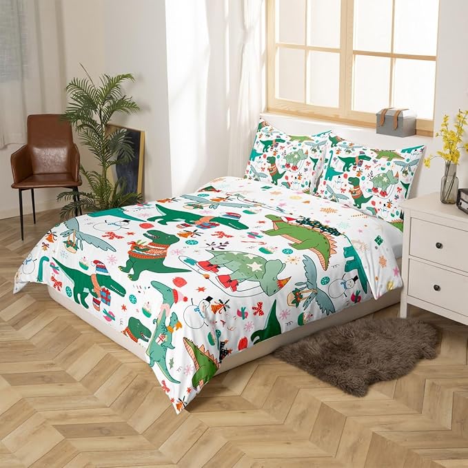 Feelyou Christmas Dinosaur Decorative Comforter Cover Toddler Size Cartoon Snowman Duvet Cover Xmas Bow Snowflake Bedding Set Gifts for Kids Boys Girls 1 Pillow Case