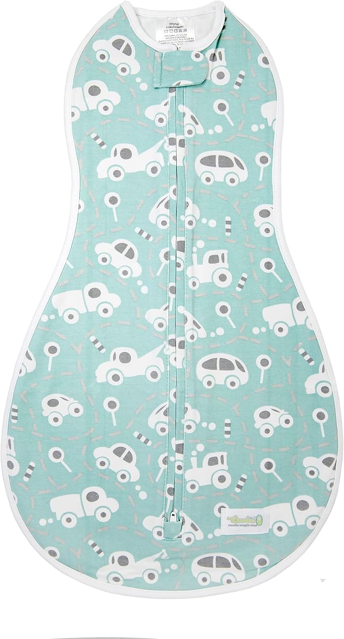 Woombie Original Baby Swaddling Blanket - Soothing, Cotton Baby Swaddle with Zipper - Wearable Newborn Blanket, Buzzy Cars, 14-19 lbs