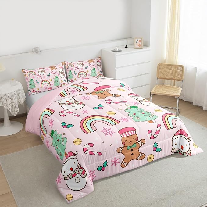 Feelyou Christmas Kids Comforter Set Toddler Size Merry Christmas Tree and Snowman Bedding Set Gingerbread Man Duvet Quilt for Kids Boys Girls Bedroom Rainbow Print Decor Snowflake Soft Breathable