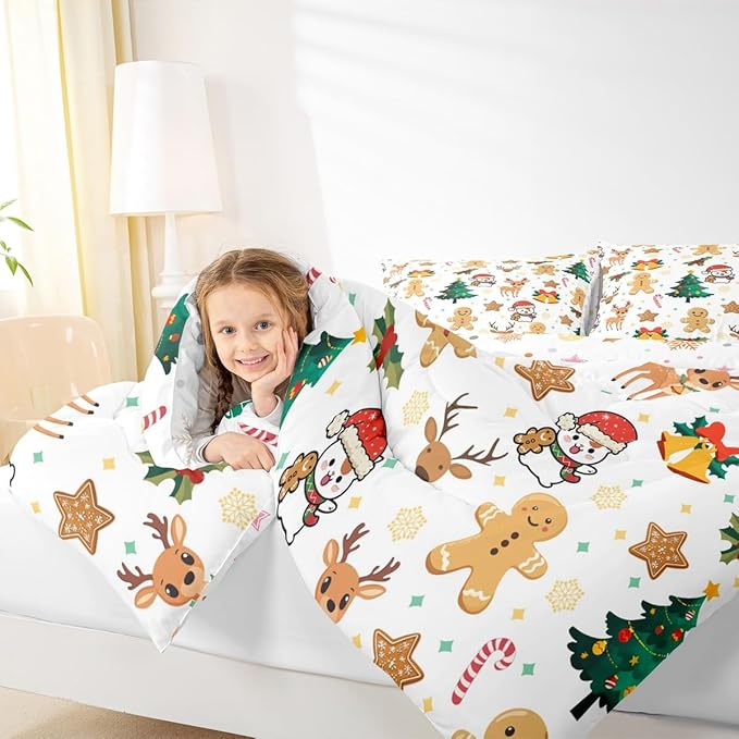 Feelyou Merry Christmas Comforter Set All Season Gingerbread Man Bedding Set with 2 Pillow Cases Cute Deer Microfiber Kids Full Bedclothes Christmas Tree Duvet Quilt Breathable Soft Lightweight