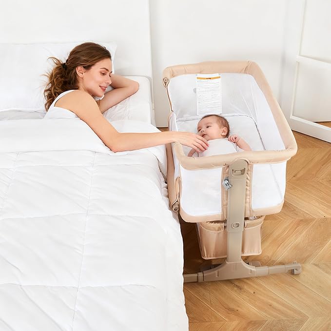 Bedside Bassinet Baby Bassinet, 3 in 1 Bedside Sleeper with Baby Co-Sleeper Travel Crib with Detachable Mosquito Net & Storage Basket | Adjustable Height, Wheels Included