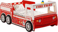 HMFULE Twin Bed Frames for Kids, Wood Fire Truck-Shaped Bed Frame Platform with Wheels LED Lights & Slat Support for Toddler, Teens, Boys or Girls, No Box Spring Needed (Red)