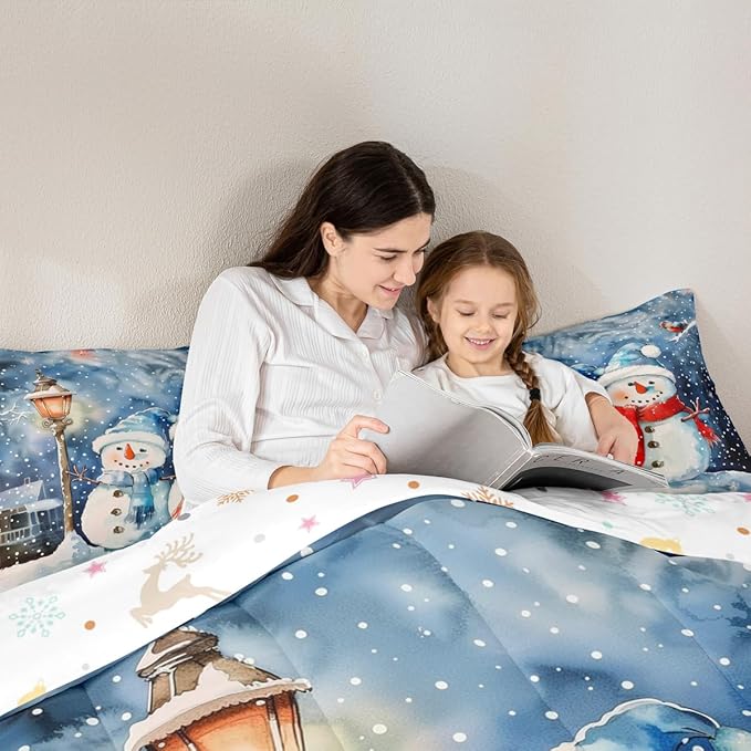Feelyou Christmas Kids Comforter Set Queen Size Blue Watercolor Snowman Bedding Set Xmas Winter Duvet Quilt for Kids Boys Girls Bedroom Snowflake Decor Microfiber Ultra Soft Breathable