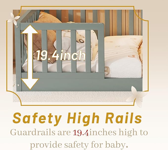 Full Size House Bed for Kids, Low Profile Full Montessori Bed with High Railings, Wood House Shape Montessori Beds with Light & Roof for Kids, Gray