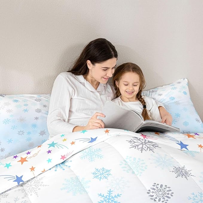 Feelyou Glitter Snowflake Comforter Set King Size, Blue Snowflake Comforter Kids Toddler Ombre Bedding Set Winter Theme Duvet Set Microfiber Bed Set