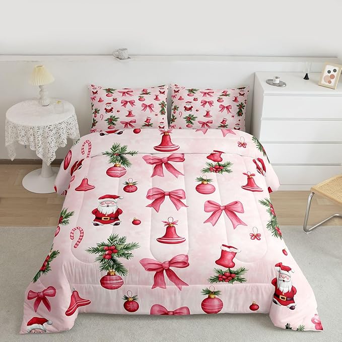 Feelyou Santa Claus Bedding Set Soft for Boys Girls, Pink Bow Comforter Set Queen Size Christmas Ornament Duvet Quilt Microfiber Candy Cane Bedroom Decor Holly Berry 3 Pcs with 2 Pillow Cases
