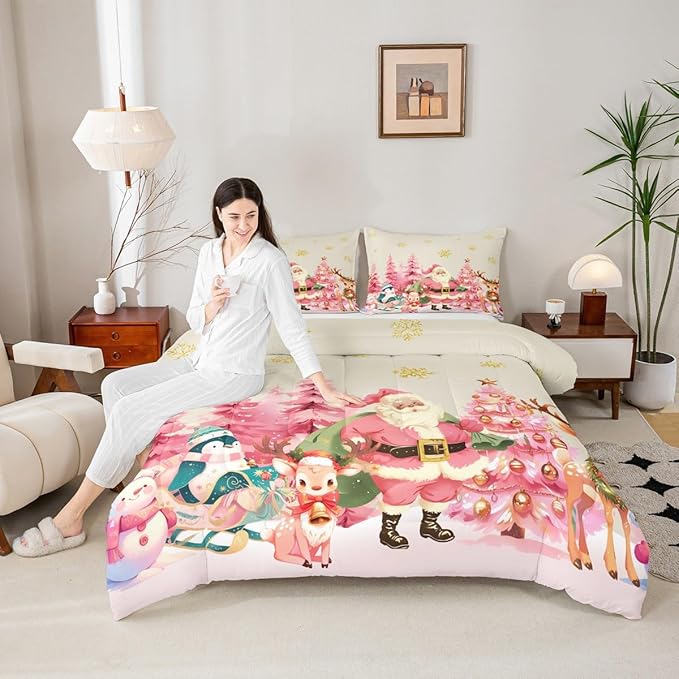 jejeloiu Merry Christmas Comforter Set Queen Size Santa Claus Bedding Set for Kids Boys Girls Cute Deer Duvet Quilt Beige Bedroom Decor