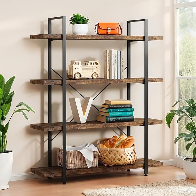 4 Tier Bookcase, 47 Inch Wide Wood Bookshelf, 120lbs Shelf Capacity Estante, Rustic Open Shelving Industrial Display with Reinforced Horizontal Brown Shelves for Living Room Bedroom Office
