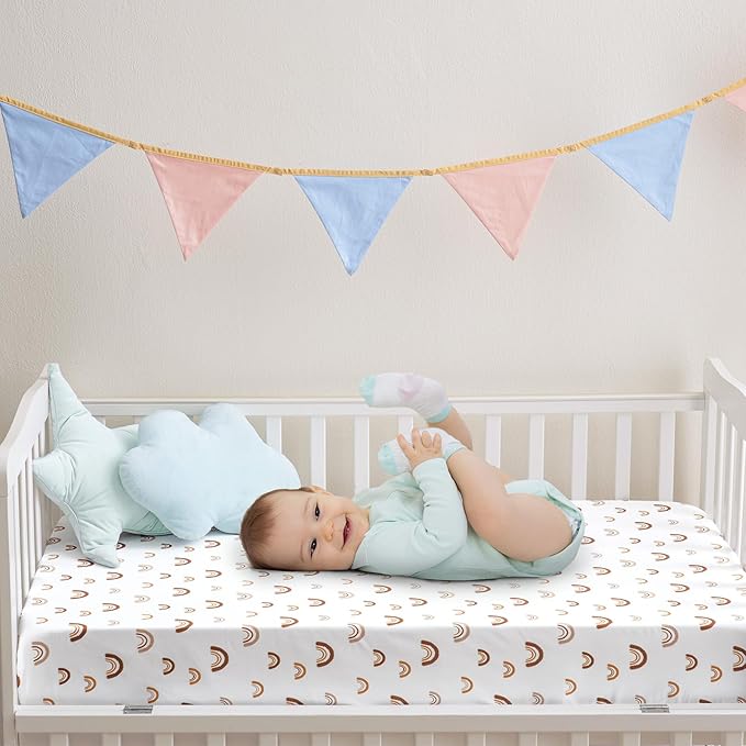 PHF 3 Pack Soft Rainbow Crib Sheets Fitted, Silky Comfy Breathable Baby Sheets for Boys Girls Neutral, 28x52 Inches Fits Standard Crib and Toddler Mattresses, Rainbow