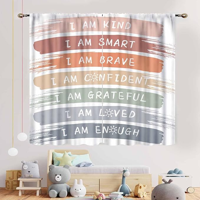 Rainbow Curtains for Classroom, Kids Girls Baby Boho Cute Inspirational Motivational Quotes Cartoon Colorful Pastel Nursery Classroom Bedroom Living Room Bathroom Window Drapes 2 Panels, 55"x63" Inch