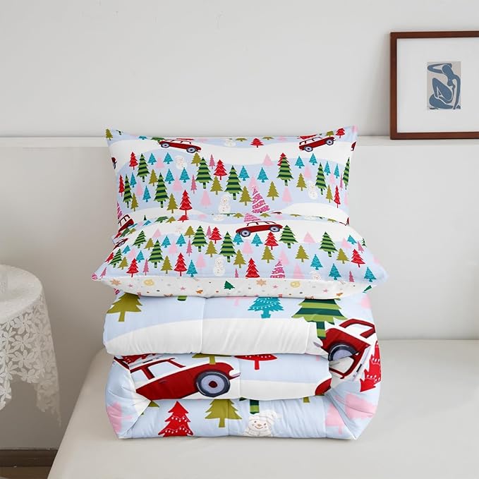 Feelyou Christmas Trees Bedding Set for Kids Boys Girls Queen Size Christmas Truck Comforter Set Ultra Soft Winter Snowman Comforter Xmas Duvet Quilt Bedroom Decor Christmas Ornaments Quilt