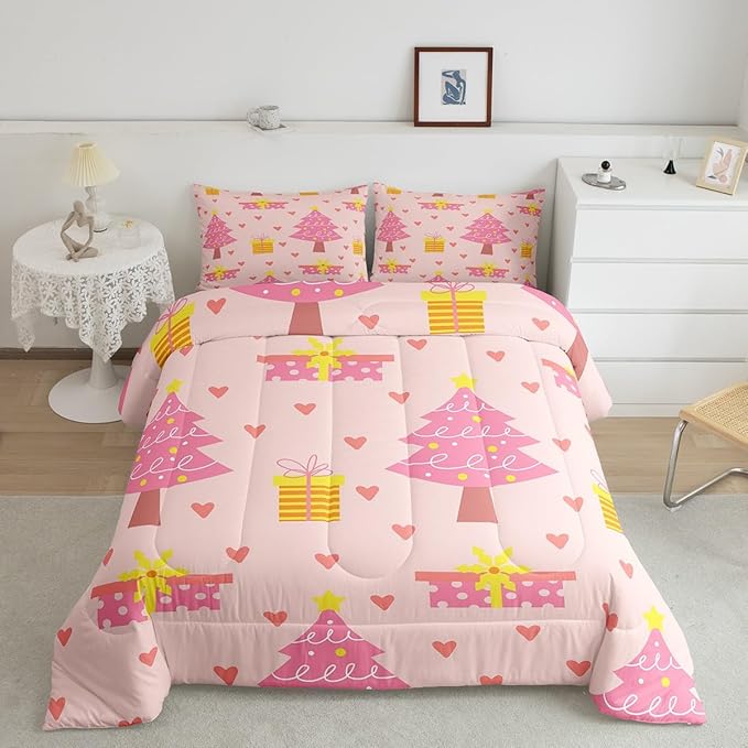 Erosebridal Merry Xmas Quilts Full Size Pink Christmas Tree Comforter Set Reversible Cartoon Style Bedding Set Happy New Year Duvet Insert for Boys Kids Bedroom Decor with 2 Pillow Cases