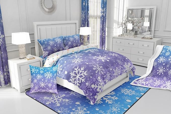 Feelyou Blue and Purple Snowflake Bedding Set Soft for Boys Girls, Winter Snowflake Comforter Set Toddler Size Christmas Duvet Quilt Holiday New Year Bedroom Decor 2 Pcs with 1 Pillow Cases