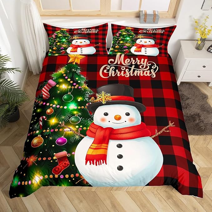 Manfei Christmas Duvet Cover Set Queen Size, Snowman Christmas Tree Comforter Cover with 2 Pillowcases, Red Plaid Grid Print Bedding Set 3pcs for Kids Boys Girls Room Decor,No Comforter