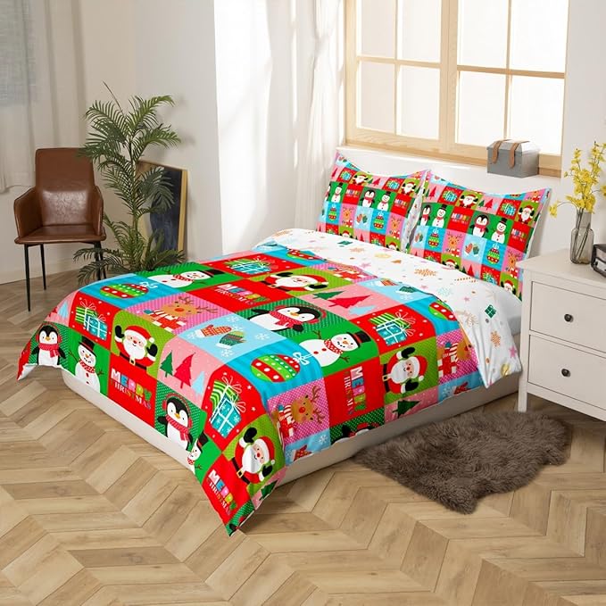 Christmas Bedding Set for Kids Boys Girls Santa Claus Christmas Tree Comforter Cover Set Colorful Geometric Grid Duvet Cover Bedroom Decor Xmas Theme Bedspread Cover King Size Bedding Collection 3Pcs
