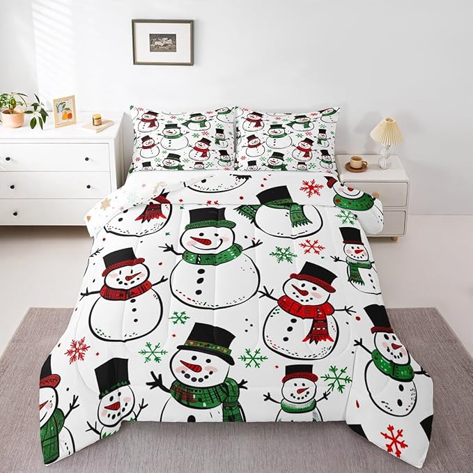 Feelyou Christmas Comforter Set All Season Snowman Bedding Set with 2 Pillow Cases Snowflake Microfiber Kids Queen Bedclothes Bedroom Decor Duvet Quilt Breathable Soft Lightweight