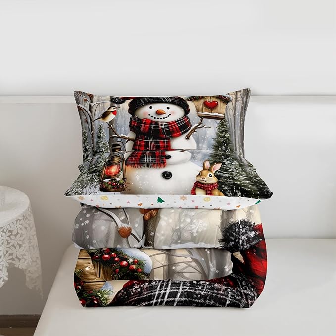 Kawaii Snowman Kids Bedding Set King Size,Rabbit Bird Winter Poinsettia Comforter Set,Pine Tree Xmas Animal Snowflake Quilt Comforter,Gray Green Bedroom Duvet Insert,2 Pillowcases