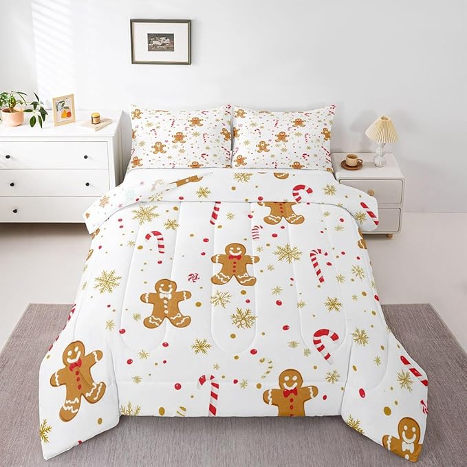 Feelyou Cute Gingerbread Man Comforter Set Toddler Candy Cane Bedding Set for Kids Boys Girls Golden Snowflake Duvet Quilt Christmas Pattern Bedroom Decor Festive Design 2 Pcs with 1 Pillow Cases
