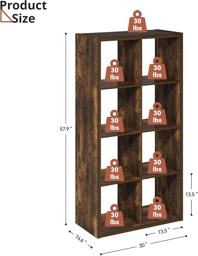 14.6" x 30" x 57.9" Eight Cubed Storage Organizer, Wood Cube Storage Organizer with 8 Cubbies, 8 Cubes Shelving for Office, Bedroom, Living Room, Playroom, Brown