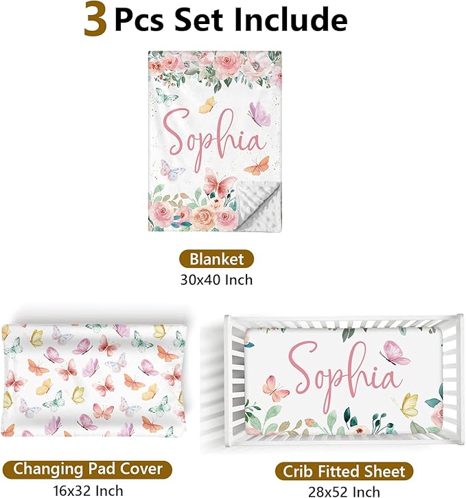 Custom Name Crib Bedding Set, 3 Pcs Personalized Baby Crib Bedding Set, Soft Pink Butterfly Nursery Crib Sets for Boys Girls, Double Layer Toddler Bedding Set Customized Gifts for Newborn Kids