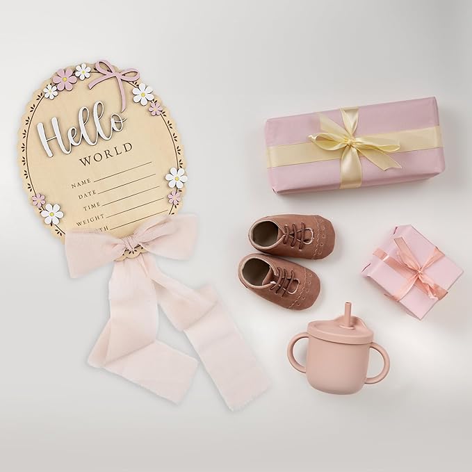 Baby Announcement Sign with Stand & Marker – Hello World Wooden Name Plaque for Newborn Photoshoot, Baby Shower, Rustic Keepsake Birth Stat Sign for Hospital Birth Announcement (Light pink ribbon)