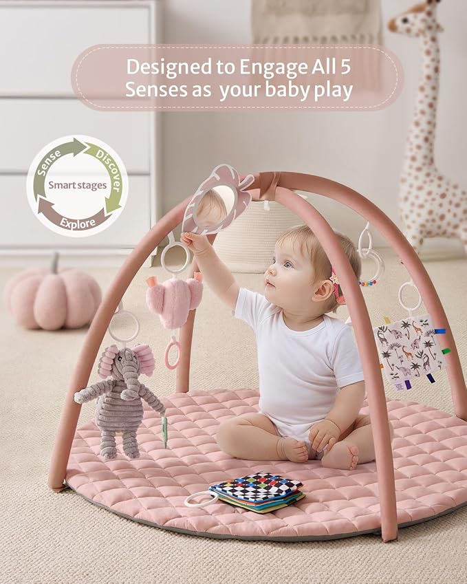 Blissful Diary Baby Play Gym Mat, Tummy Time Activity Mat with 6 Detachable Toys for Skill Development, Baby Essentials Gift, Soft Pink