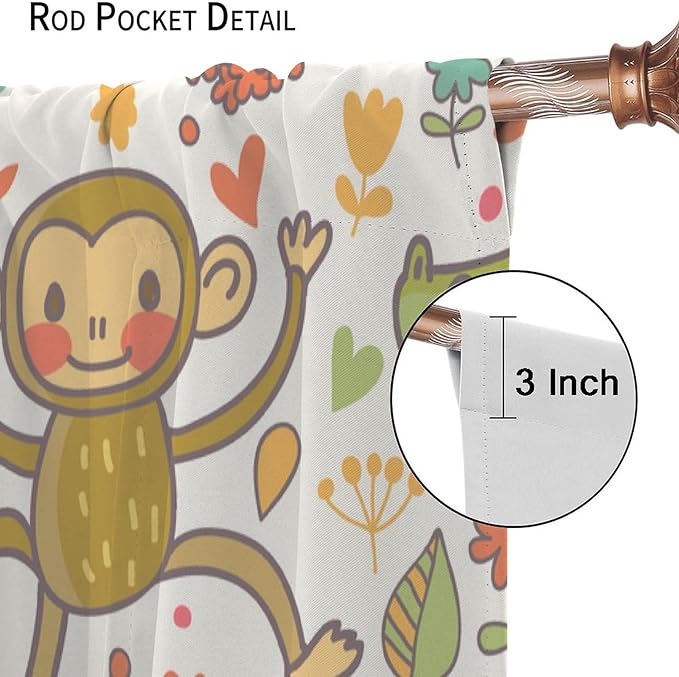 Cute Monkeys Curtains, Zoo Theme Cartoon Funny Animals Crocodile Giraffe Turtle with Flowers Print Thermal Insulation Window Drapes for Kids Boys Girls Baby Bedroom Living Room 42x45 Inch
