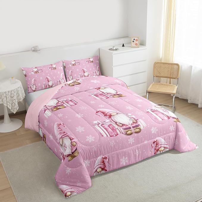 Feelyou Pink Christmas Bedding Set Soft for Boys Girls, Scandinavian Christmas Santa Gnomes Comforter Set King Size Xmas Snowflake Duvet Quilt Bedroom Decor 3 Pcs with 2 Pillow Cases