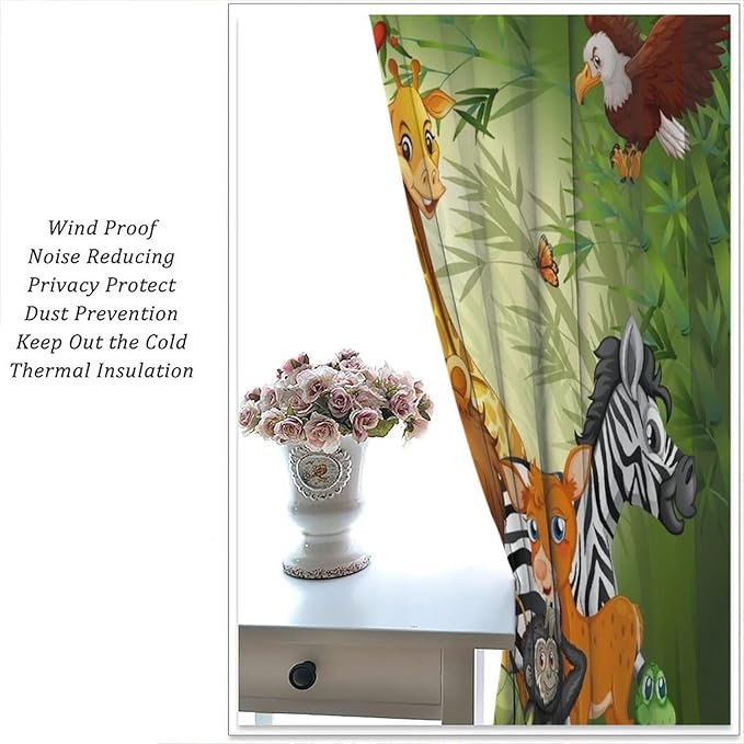 Cartoon Animal Curtains, Cute Animals Bamboo Forest Blackout Window Treatments, Rod Pocket Thermal Insulated Drapes 2 Panel Sets for Kids Room Nursery Classroom, 72" W X 63" L