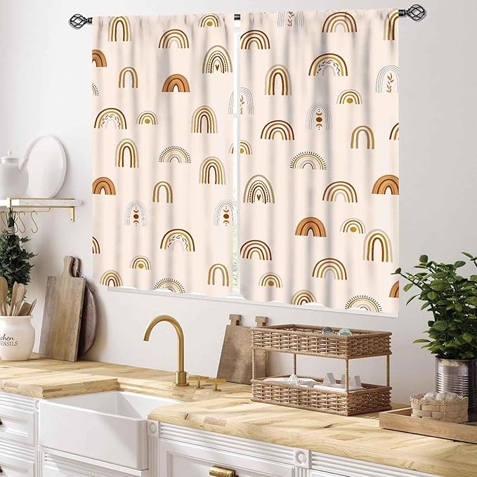 Rainbow Curtains, Boho Pastel Cute Cartoon Aesthetic Art Printed Beige Blackout Decorative Drapery for Kids Girls Baby Bedroom Living Room Classroom Nusery Bathroom Windows 2 Panels, 55x39 Inch