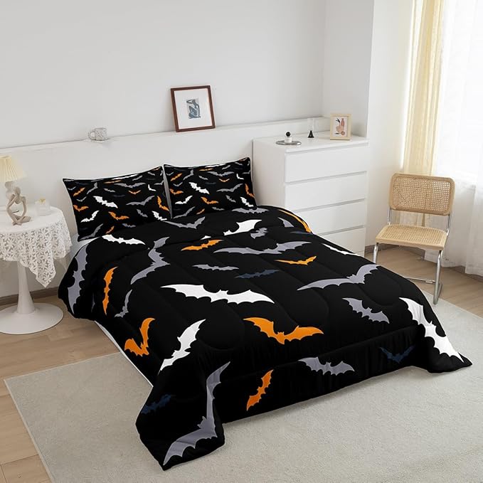 Erosebridal Gothic Halloween Decor Comforter Set King Size for Kids Boys Girls - Bats Animal Silhouette Bedding Set with 2 Pillow Cases, Orange and Grey Duvet Insert