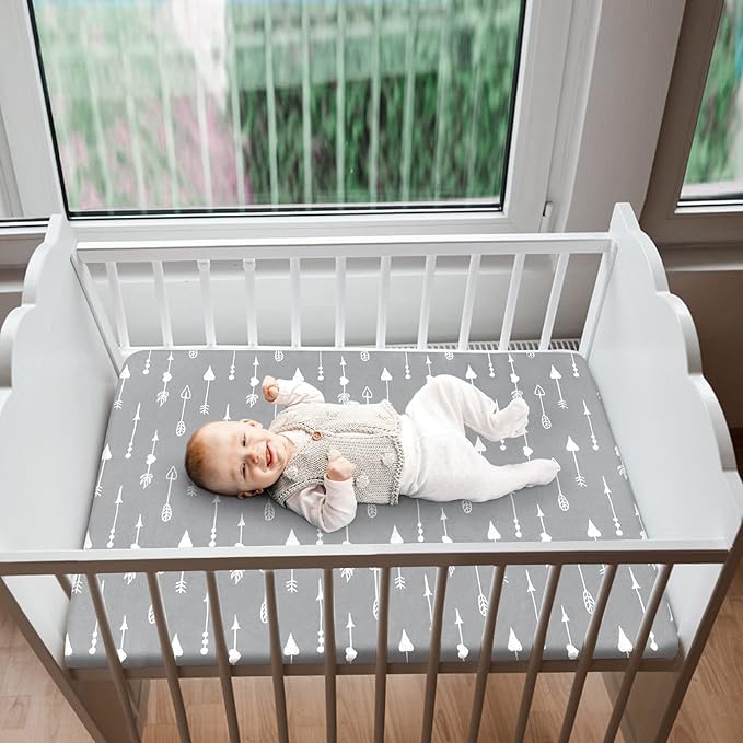 4-Pack Fitted Mini Crib Sheets for Boys and Girls - Breathable, Soft Microfiber Baby Sheets in Grey, Navy and White