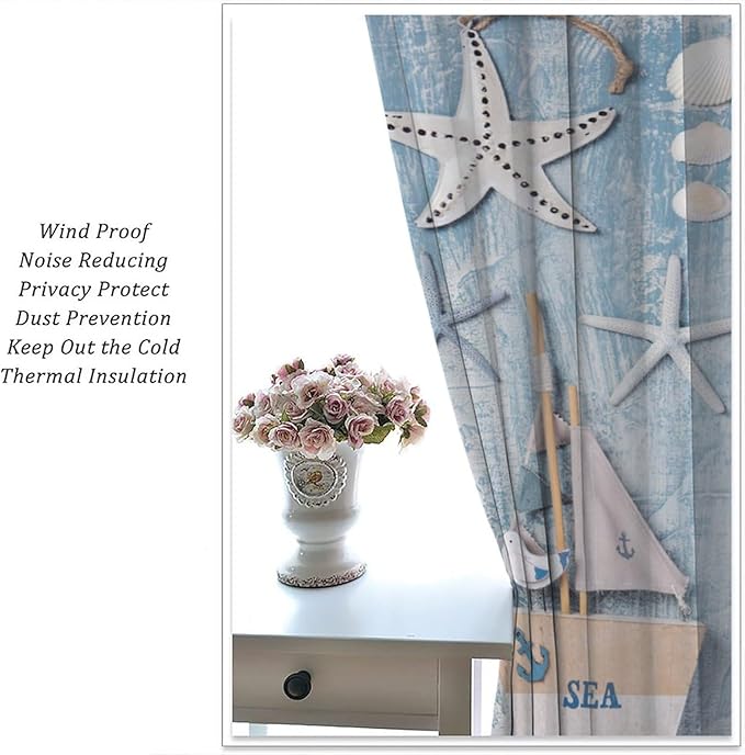 Nautical Curtain,Navy Anchor Sailing Map Starfish Seashells Bedroom Curtain,Waterproof Washable Fabric for Bedroom Decor Set 2 Panels,52x84 Inches