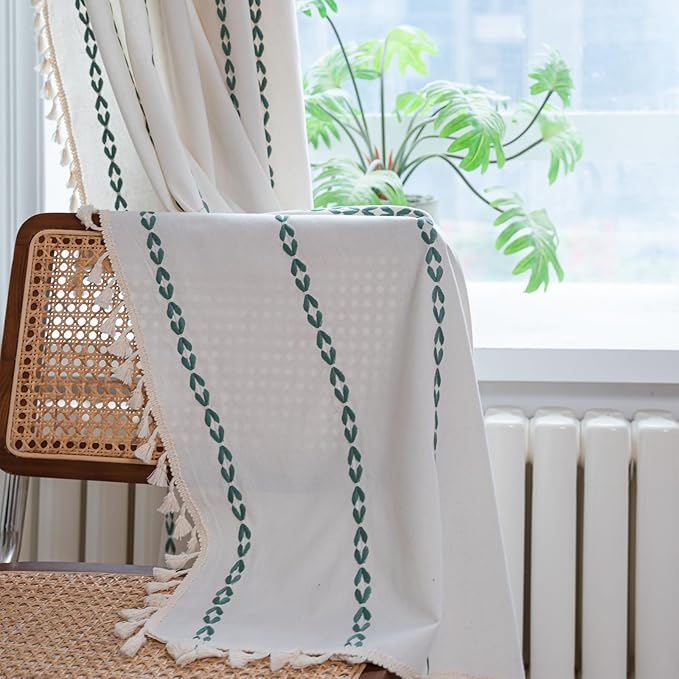 Deeprove Emerald Green Boho Curtains 96 inches Long for Bedroom Living Room, Vintage Bohemian Embroidery Cotton Striped Linen Country Tassel Window Treatments Christmas Decor, W52 x L96, 1 Panel