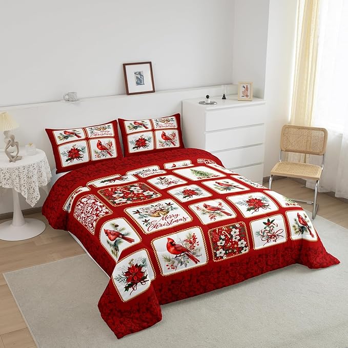 Merry Christmas Comforter Set Toddler Size,Red Patchwork Xmas Themed Plaid Bedding Set for Kids Boys Girls Adult,Cardinals Berries Bells Floral Pine Print Quilted Duvet Set with 1 Pillowcase