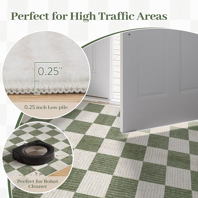 Machine Washable 5x7 Area Rugs for Living Room Checkered, Non Slip Soft Low Pile Farmhouse Geometric Modern Neutral Playroom Boys Rugs for Bedroom, Large Carpet Rugs for Dining Room(Sage Green,5'x7')