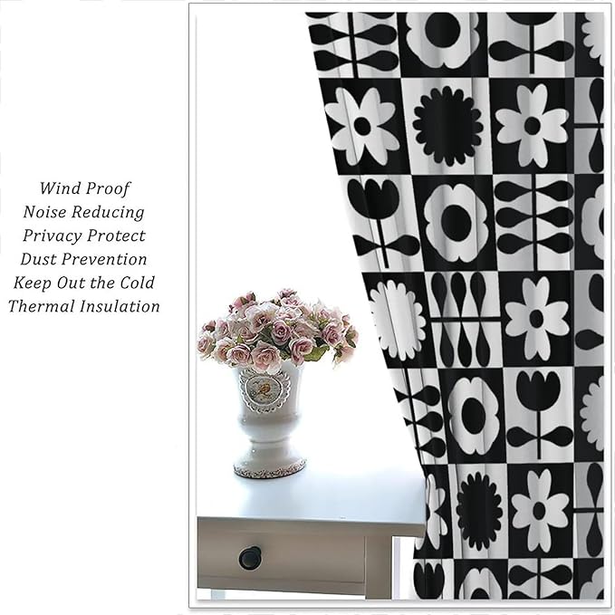 Mid Century Geometric Floral Curtains,Vintage 70s Window Treatments for Boys Girls Kids Bedroom Curtains,Boho Black and White Floral Curtains 42"" W X 54"" L, Style-10