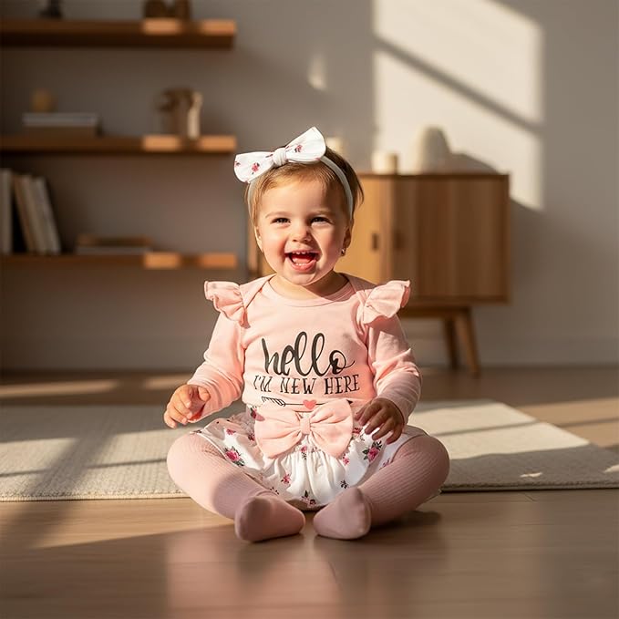 Newborn Baby Girl Clothes Hello I'm New Here Romper Ruffle Shorts Tutu Skirt Set Cute Infant Coming Home Outfits