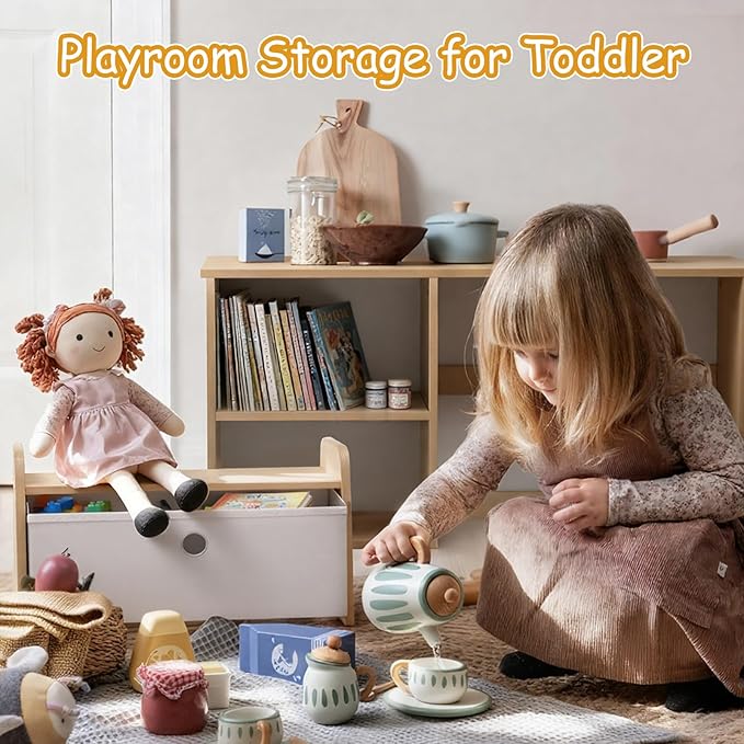 Kids Bookshelf with Bench, Toddler Table with Reading Nook, Montessori Shelf with Fabric Drawer, Toy Organizers and Storage for Kids Rooms, Nursery, Playroom, Bedroom, Natural